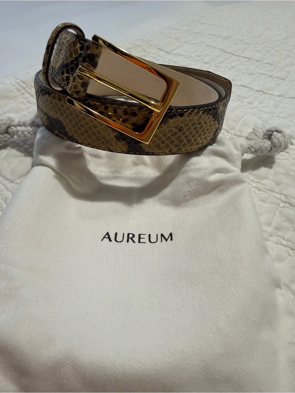 AUREUM Snake-Embossed Brown Leather Belt with Gold Buckle